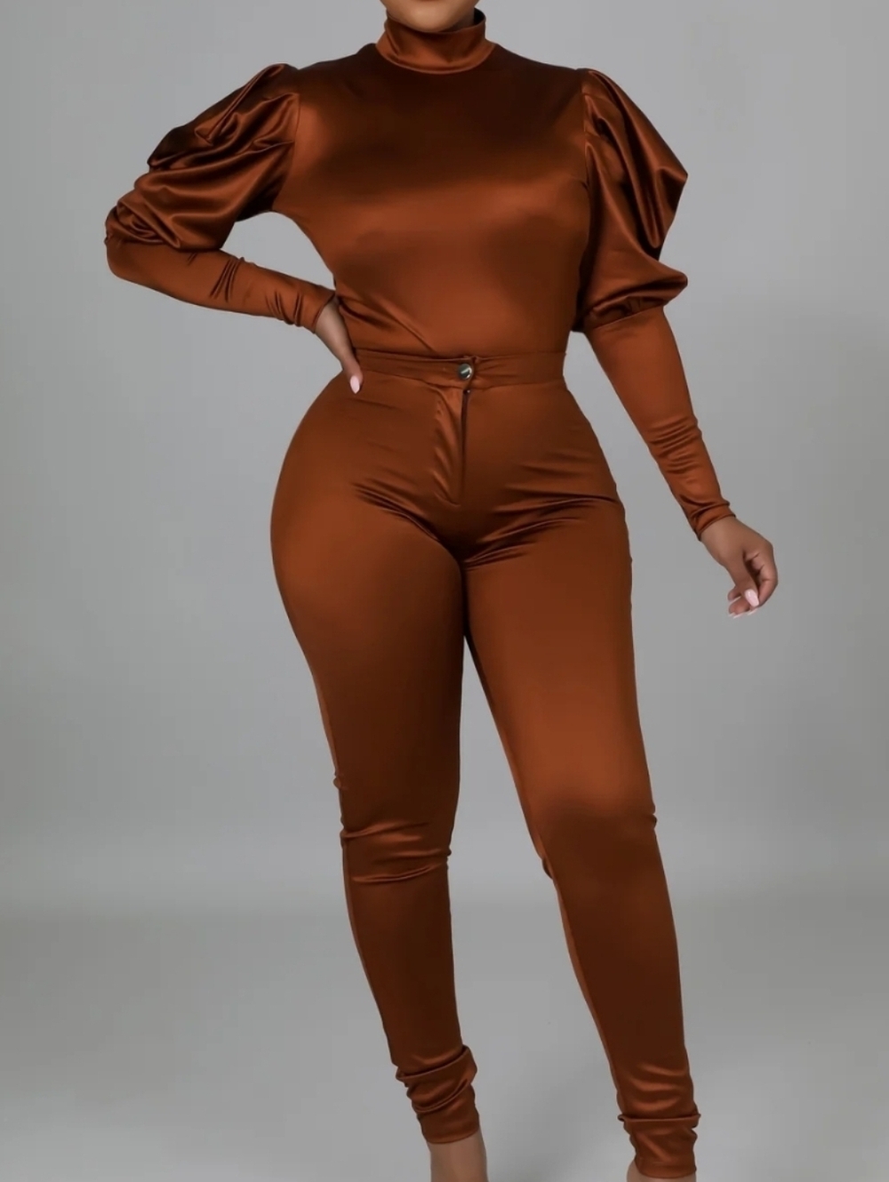 Satin 2 Piece W/ Puff Sleeves - Brown/Bronze